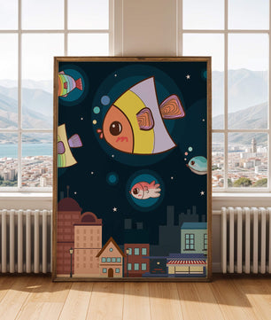 Poisson de dessin animé flottant au-dessus d'une ville nocturne avec des étoiles