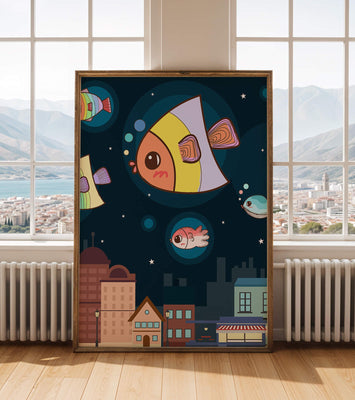 Cartoon Fish Floating Over Night City Scene with Stars