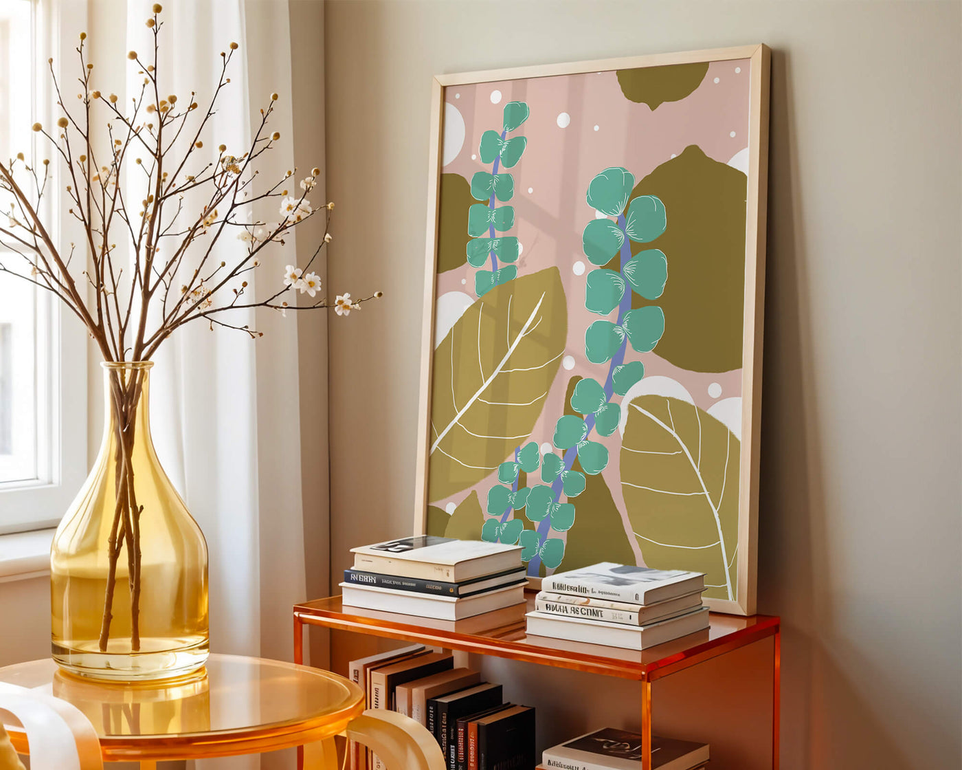 Abstract botanical design with green and golden leaves