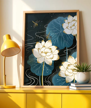 Lotusblumen und Libellen in einer sternenklaren Nacht mit goldenen Akzenten