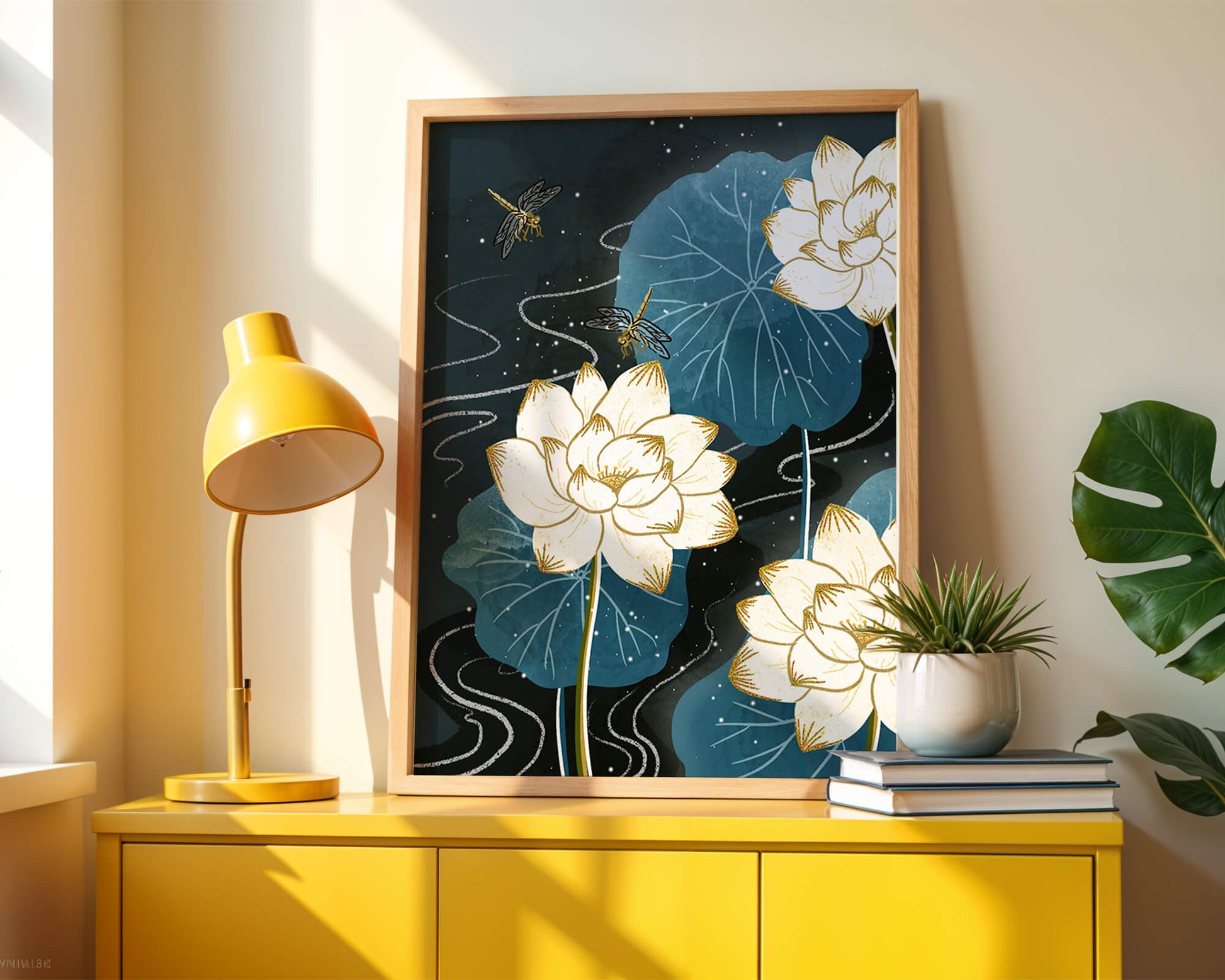Lotusblumen und Libellen in einer sternenklaren Nacht mit goldenen Akzenten