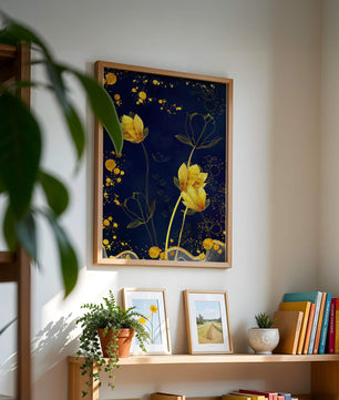 Diseño floral elegante con flores doradas sobre fondo azul marino