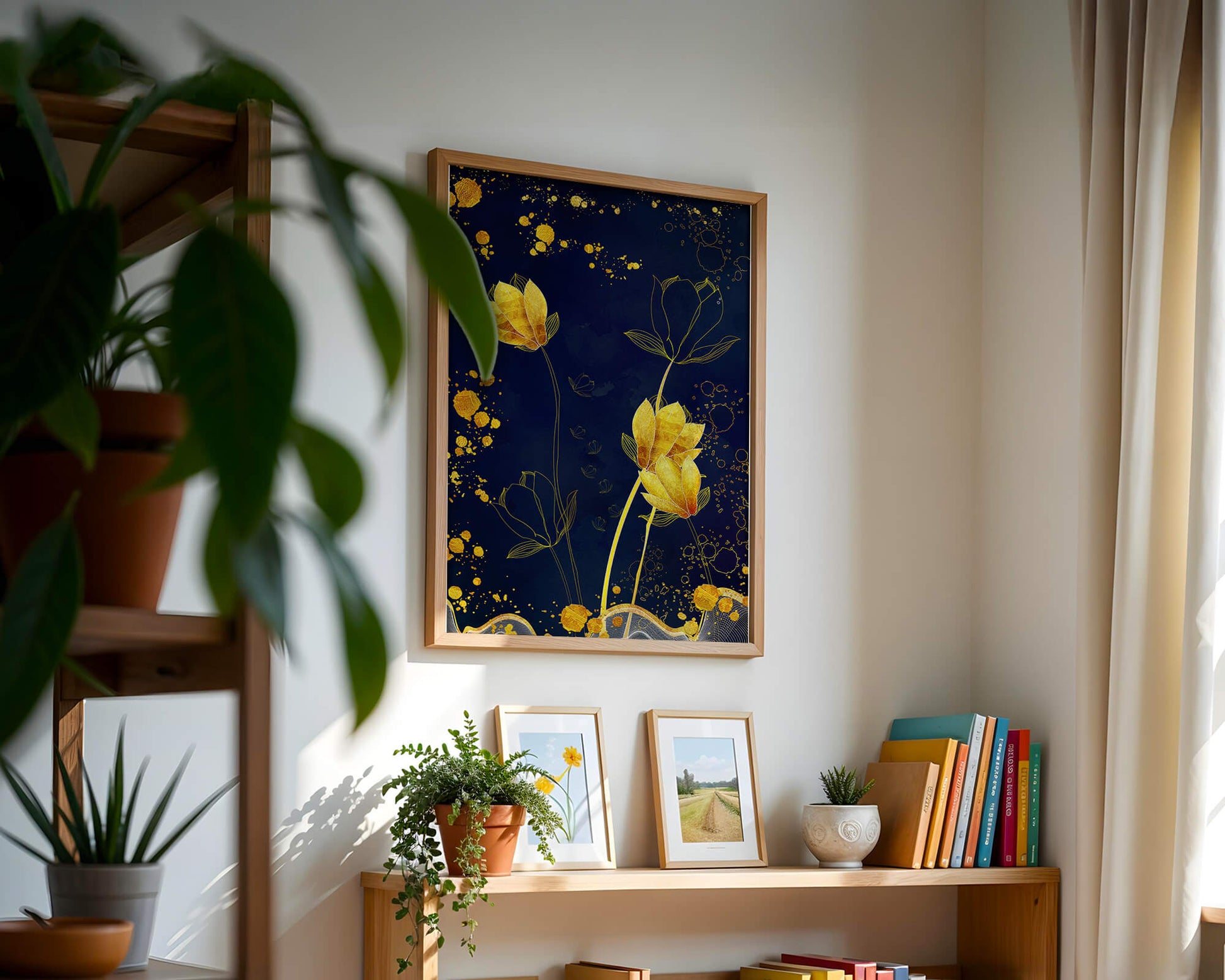 Diseño floral elegante con flores doradas sobre fondo azul marino