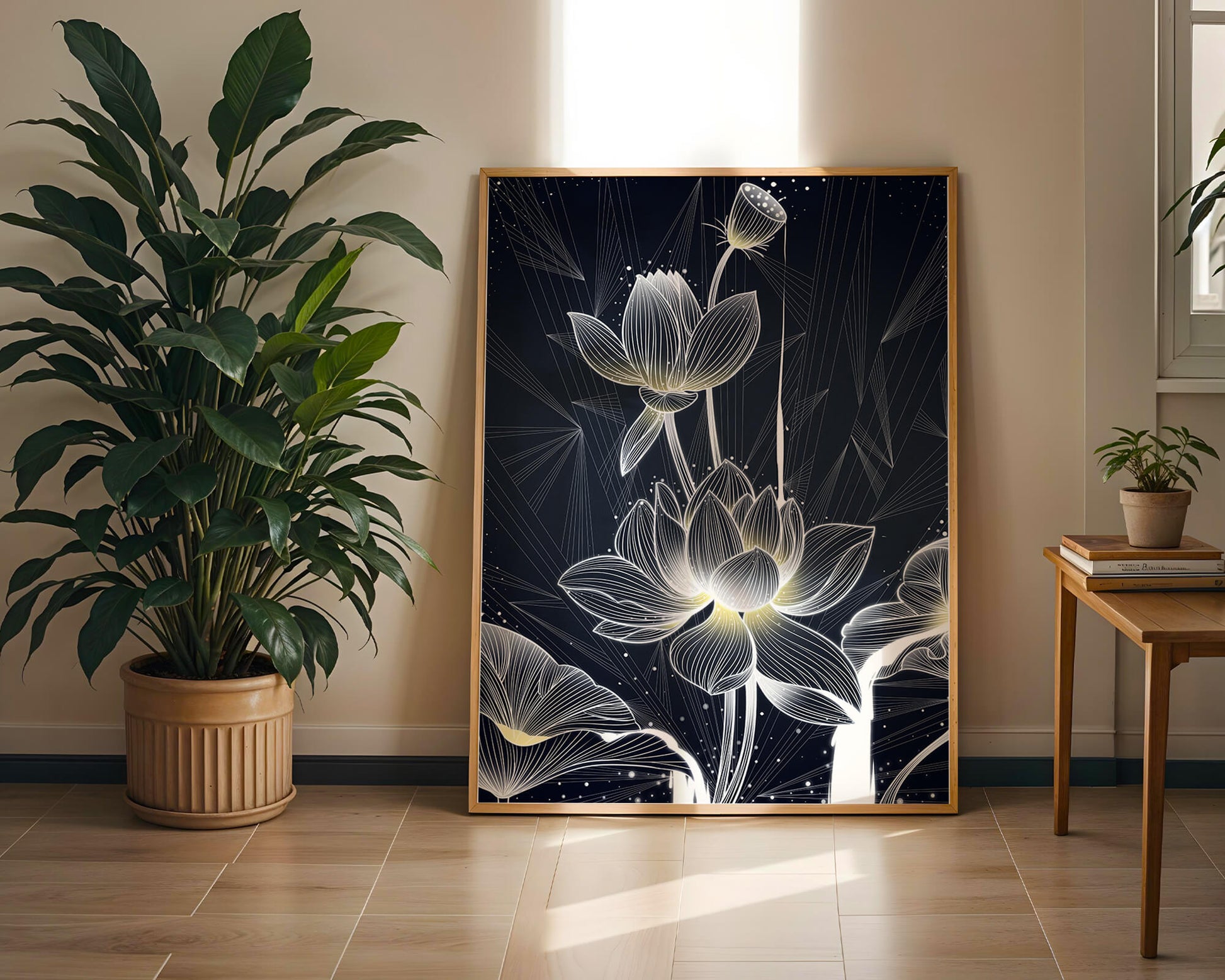 Elegant Lotus Flower Illustration with Geometric Background