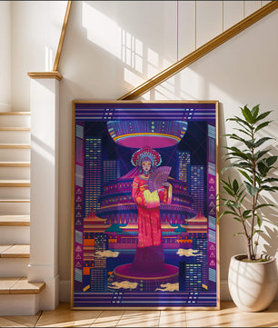 Futuristic Asian Inspired Artwork with Neon Colors and Geisha in Traditional Attire