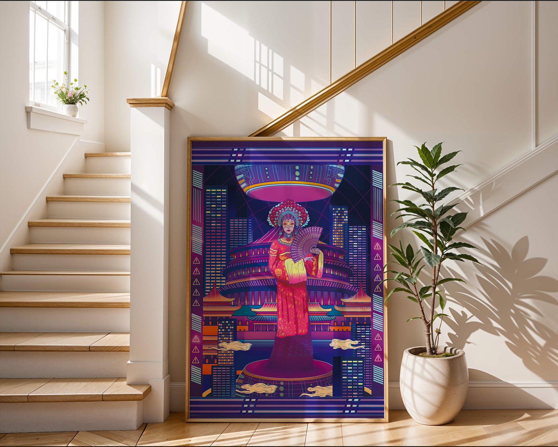 Futuristic Asian Inspired Artwork with Neon Colors and Geisha in Traditional Attire