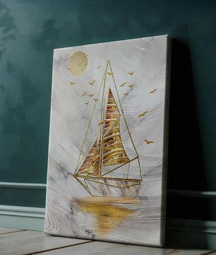 Elegant sailboat with gold elements against a textured sky