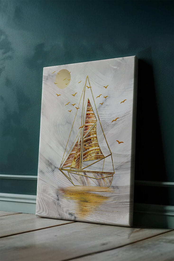 Elegant sailboat with gold elements against a textured sky