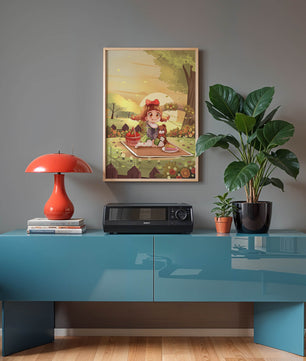 Whimsical picnic scene with a young girl and teddy bear under sunset in vibrant meadow