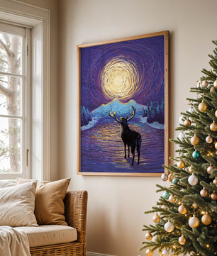Moose Under Starry Night Sky with Radiant Moon