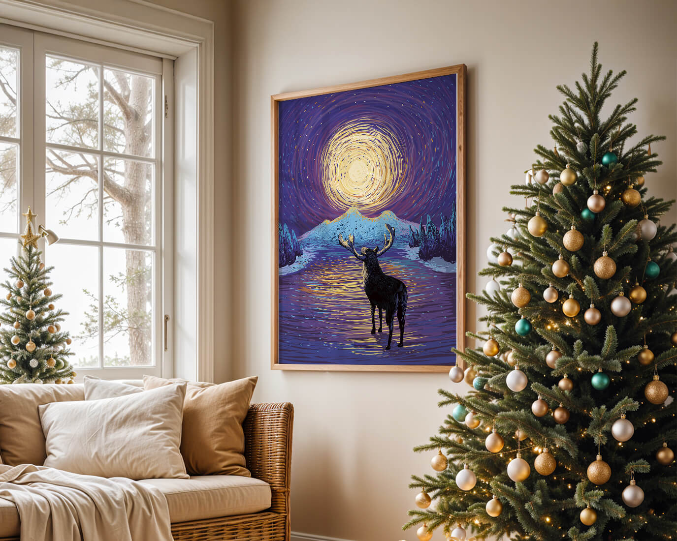 Moose Under Starry Night Sky with Radiant Moon