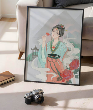 Elegant Asian woman with flowers and mountain background