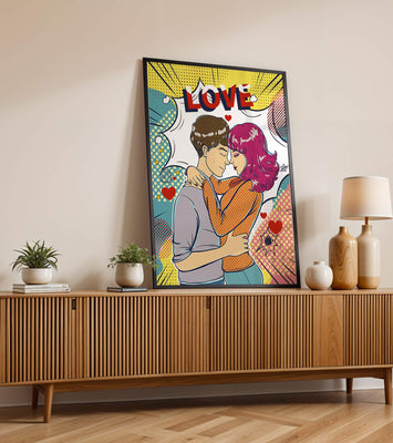Romantic Pop Art Illustration with Embracing Couple and Love Text