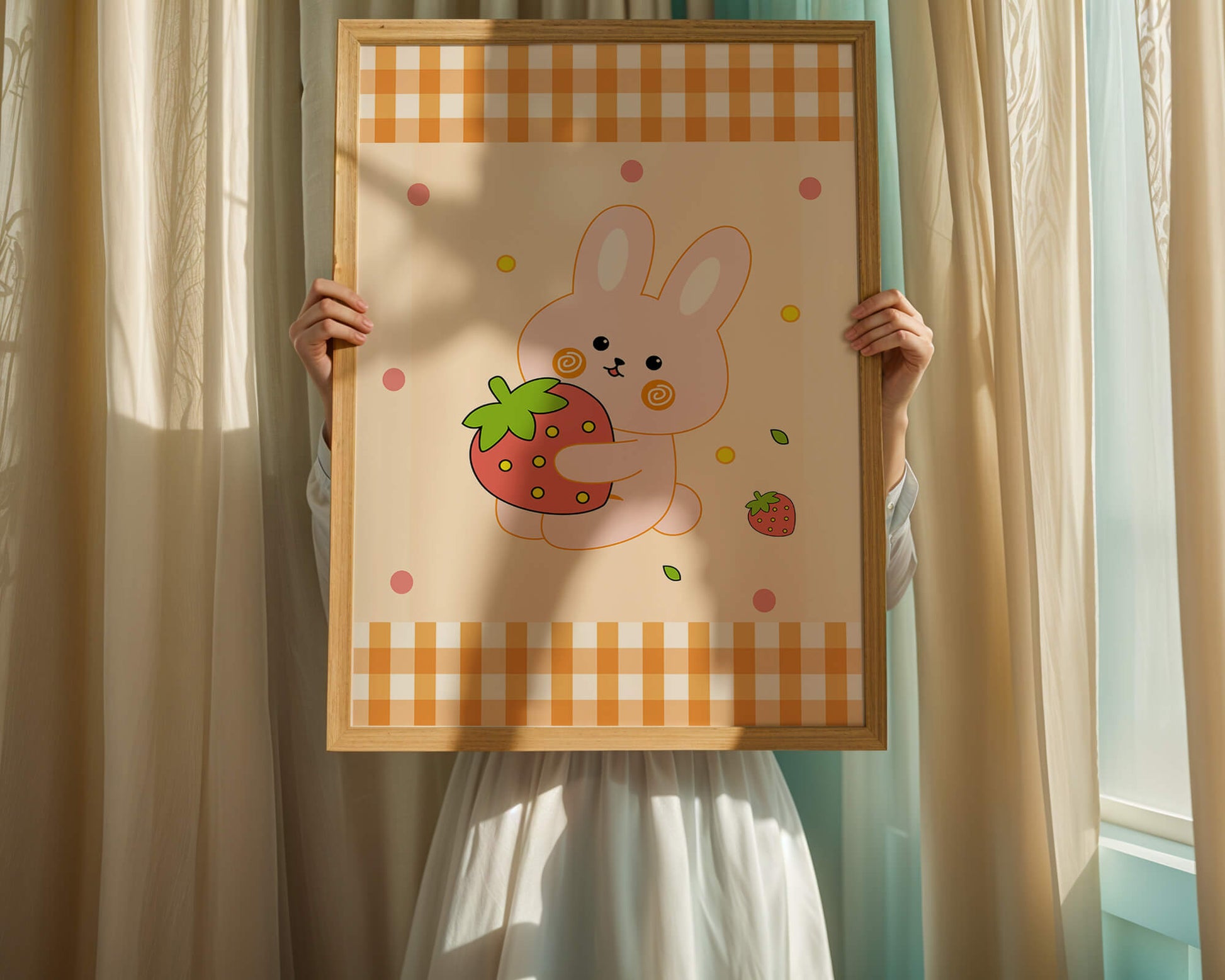 Adorable bunny holding strawberry illustration with gingham pattern