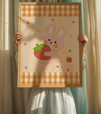 Adorable bunny holding strawberry illustration with gingham pattern