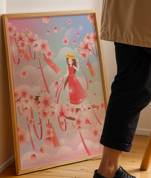 Scène printanière sereine avec des cerisiers en fleurs et une fille portant un chapeau