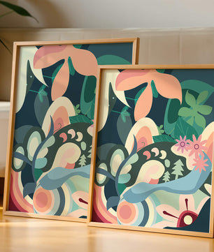 Abstract botanical artwork with vibrant colors and natural elements