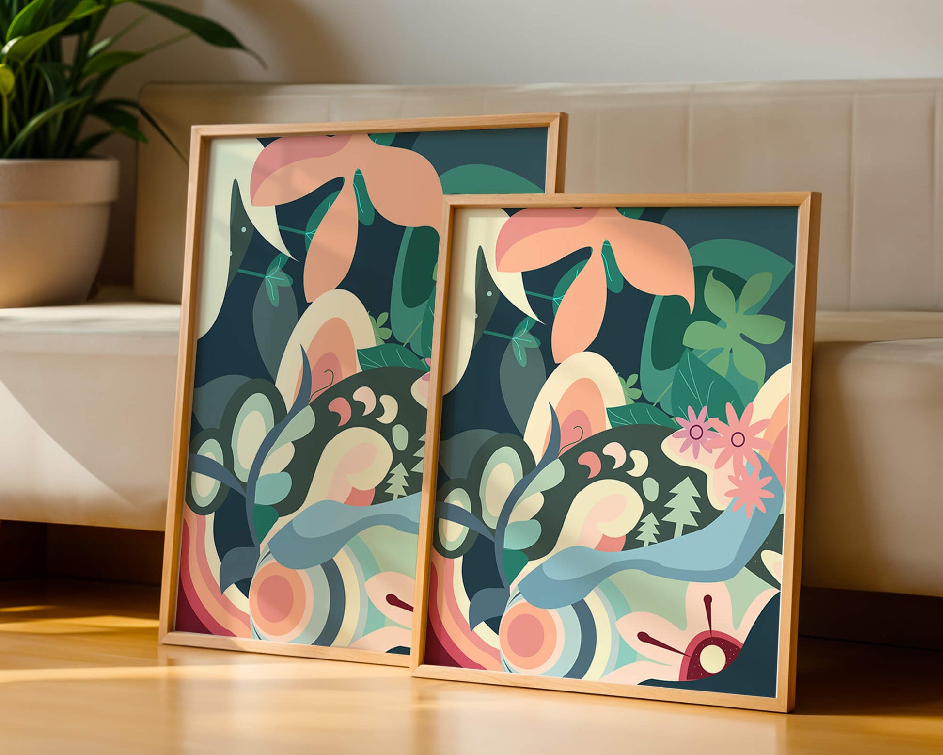 Abstract botanical artwork with vibrant colors and natural elements