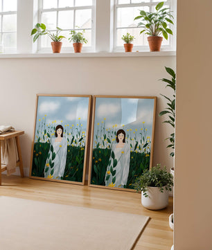 Femme en manteau blanc parmi les fleurs jaunes