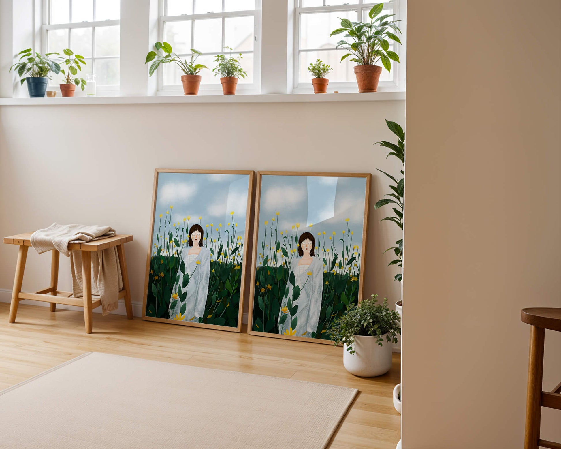 Mujer con abrigo blanco entre flores amarillas