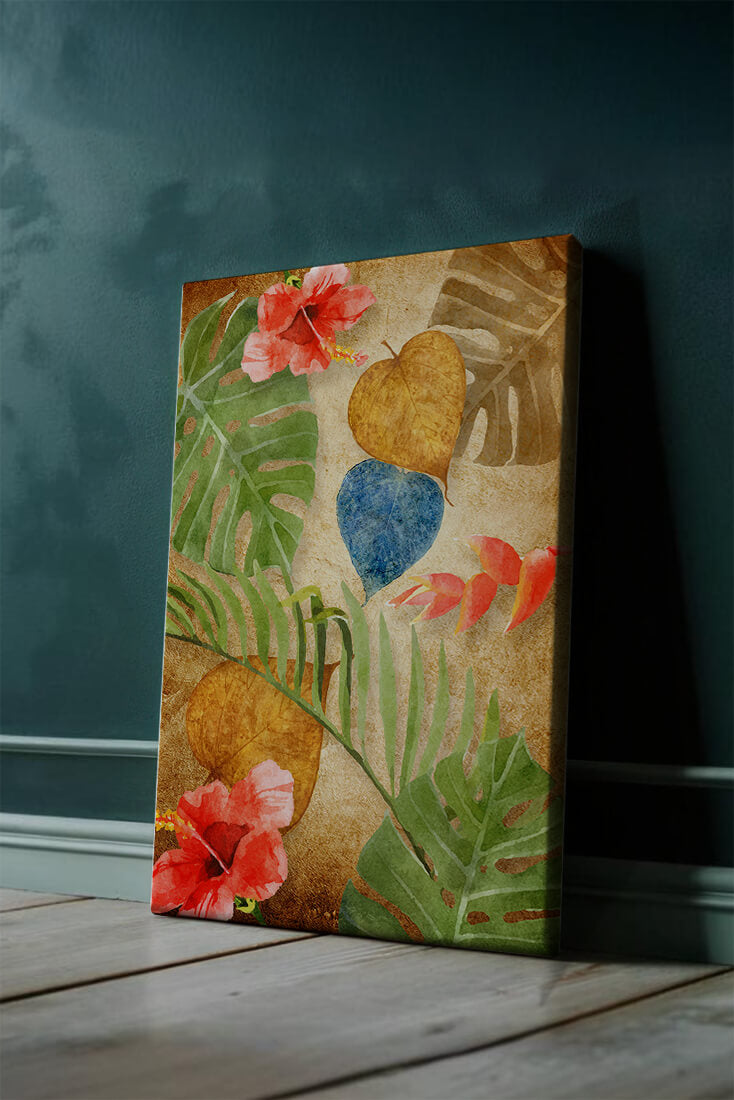 Vibrant tropical leaves and flowers watercolor design