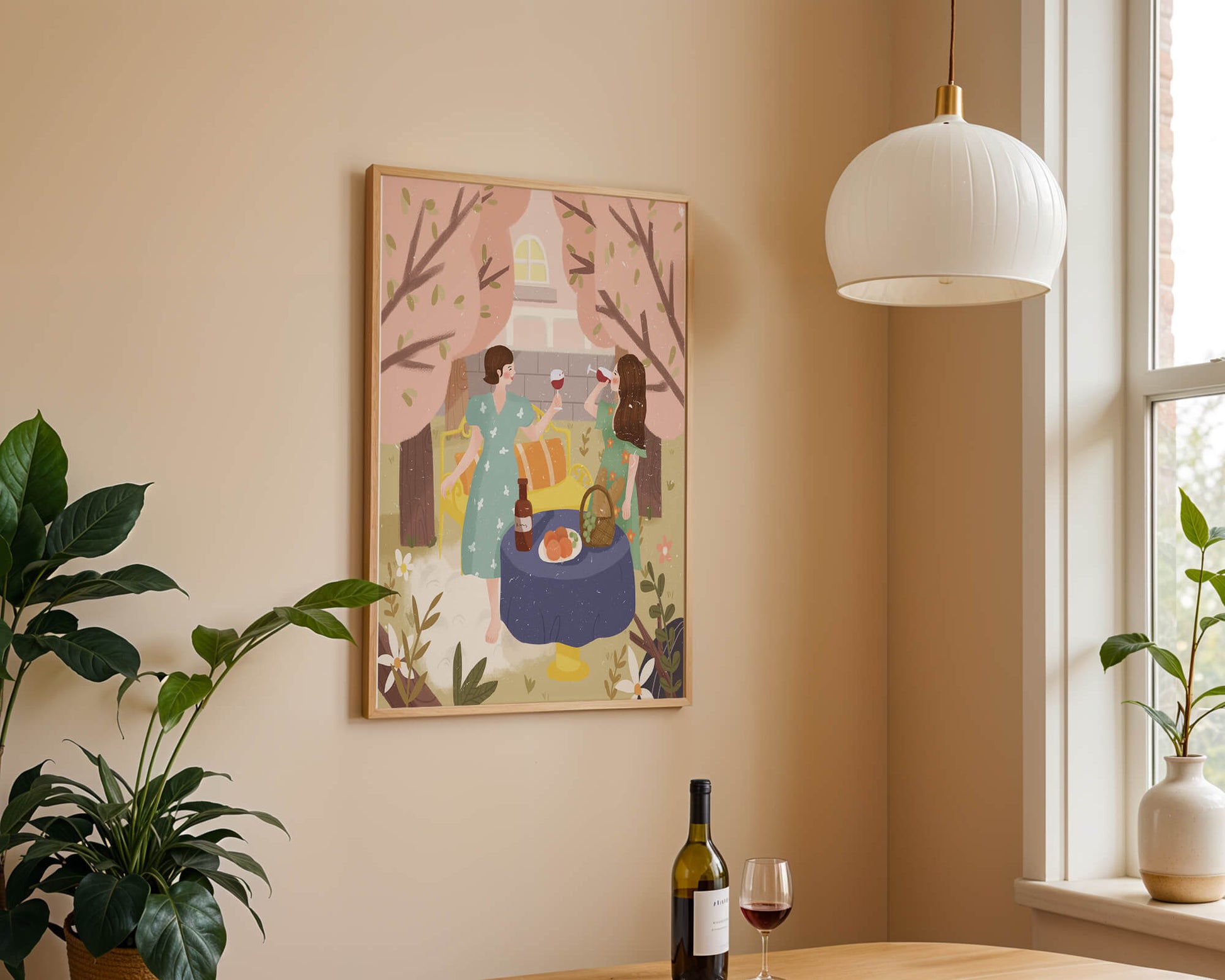 Reunión primaveral en el jardín con vino y frutas