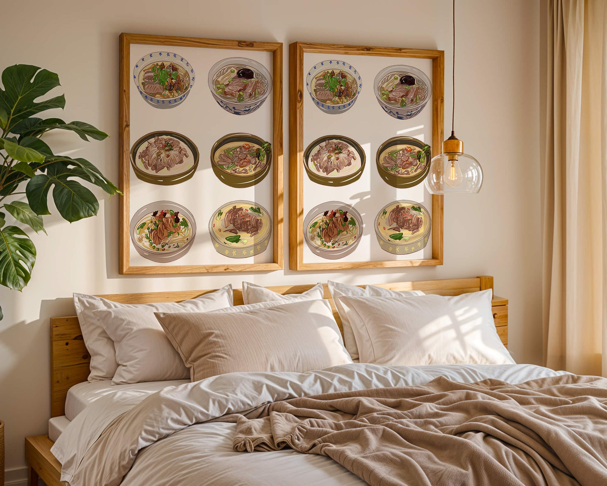 Illustrated bowls of Asian noodle soups with herbs and vegetables