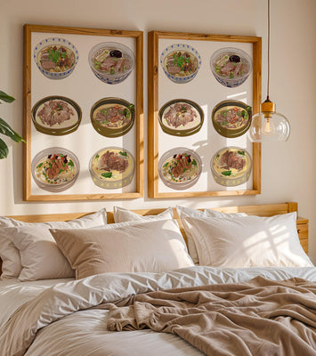 Illustrated bowls of Asian noodle soups with herbs and vegetables