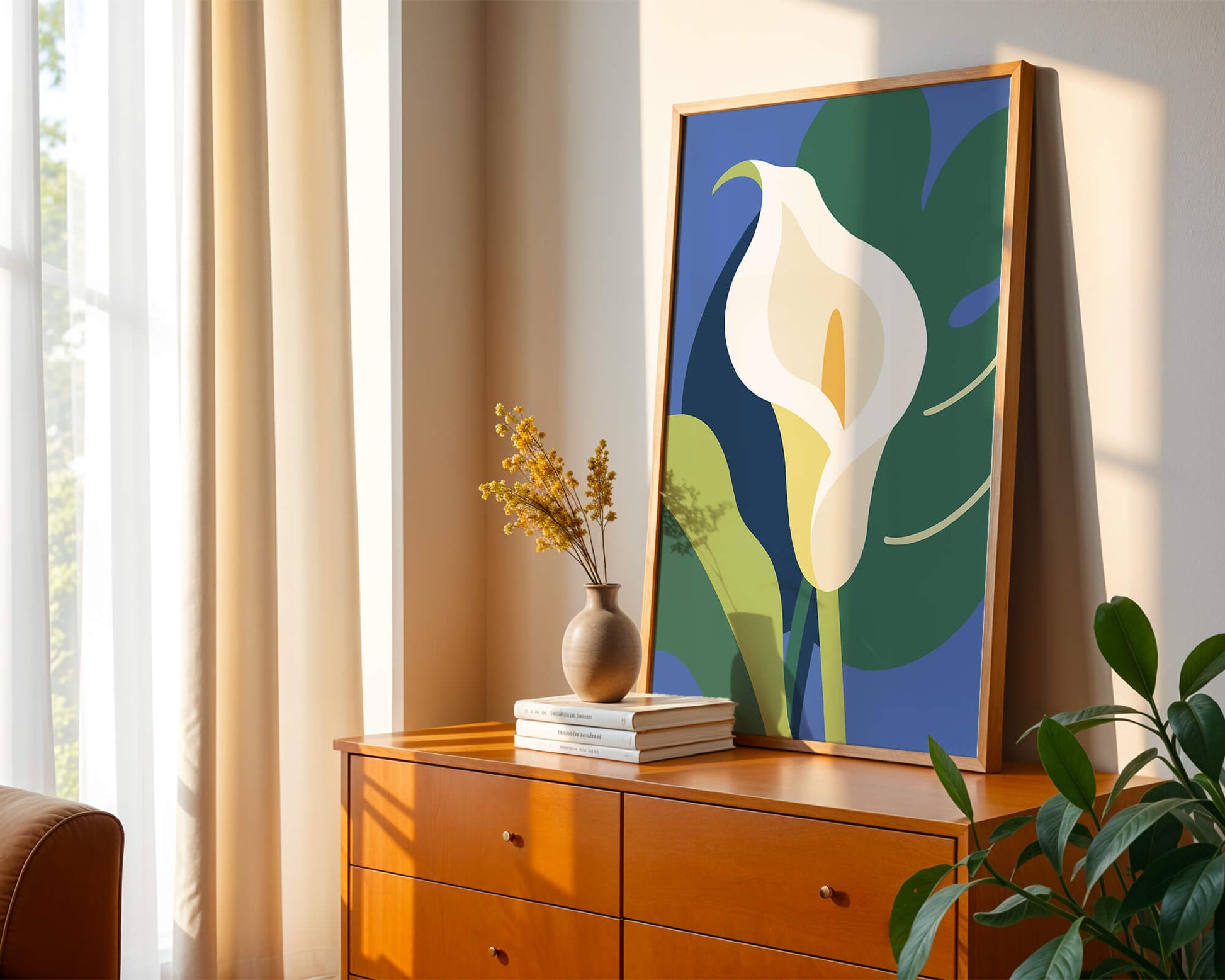 Ilustración floral abstracta con fondo verde y azul