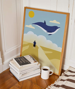 Surreal Landscape with Flying Blue Whale and Human on Desert Path