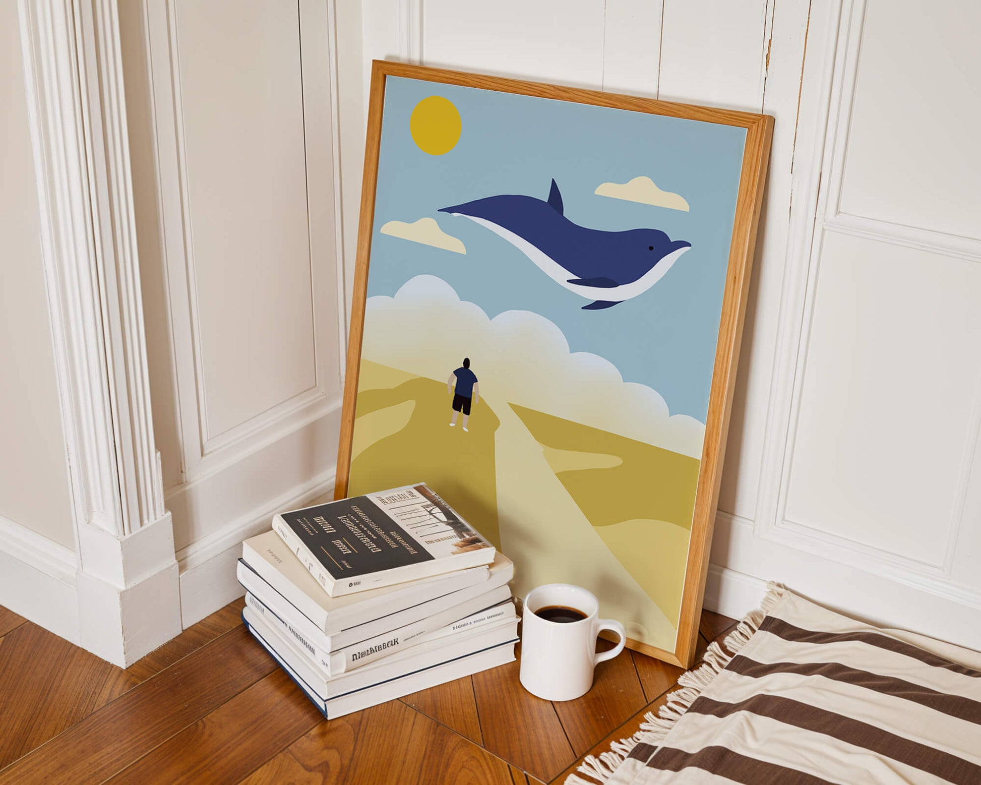 Paisaje surrealista con ballena azul voladora y humano en camino desértico