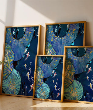 Scène sous-marine vibrante avec des carpes koï et un motif floral abstrait