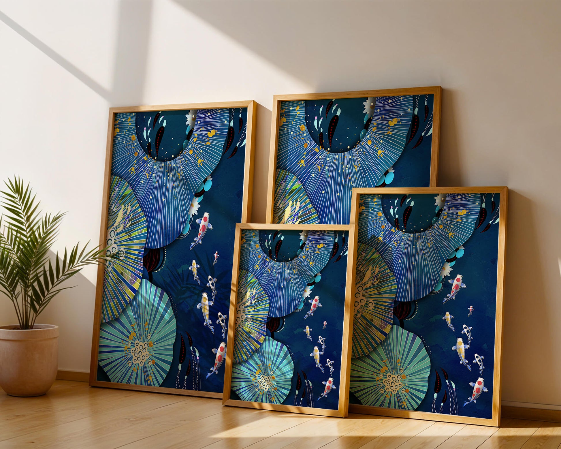 Vibrant underwater scene with koi fish and abstract floral design