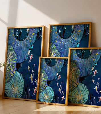 Vibrant underwater scene with koi fish and abstract floral design