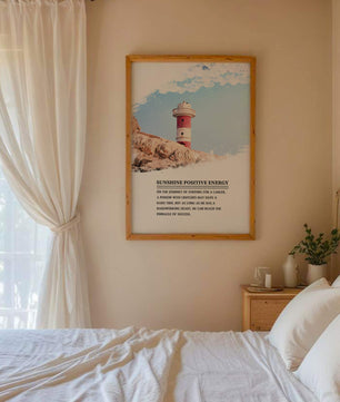 Faro inspirador con texto motivacional y fondo de cielo