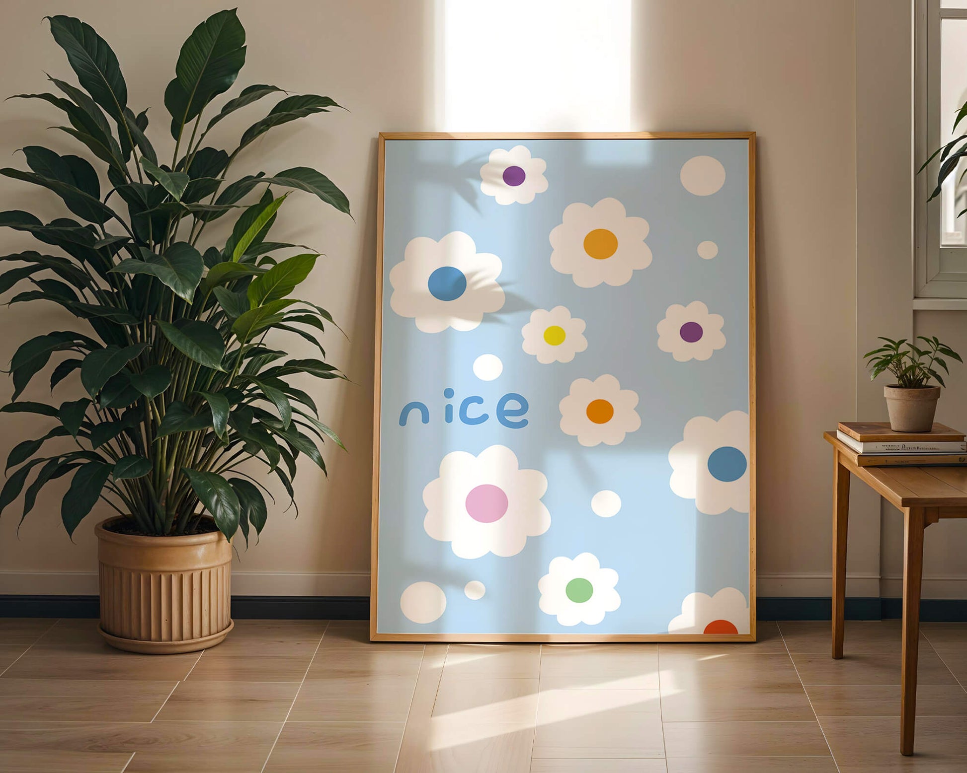 Pastel floral pattern with colorful centers on a blue background