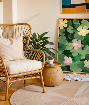 Colorful floral illustration with ladybugs in a lush garden setting