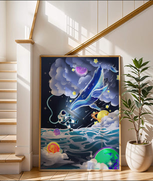 Astronaut Exploring a Surreal Cosmic Ocean with a Glowing Whale