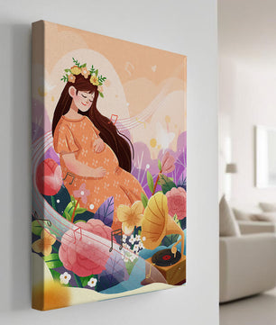 Femme dans la nature avec des fleurs et des notes de musique