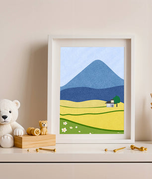Serene Countryside Landscape with Mountain and Flowers