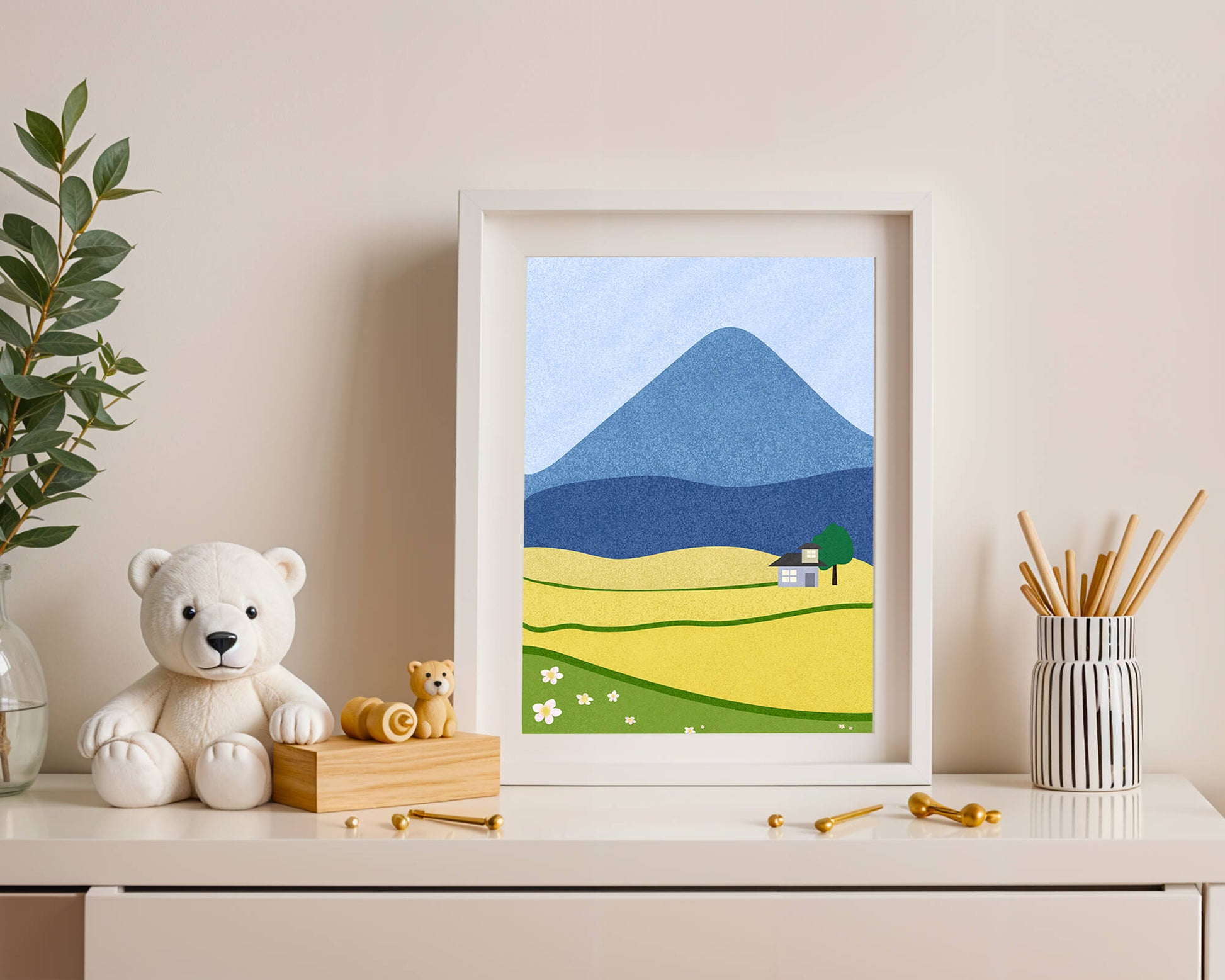 Serene Countryside Landscape with Mountain and Flowers