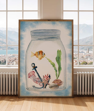 Watercolor illustration of marine life in a jar with a clownfish