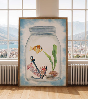 Watercolor illustration of marine life in a jar with a clownfish