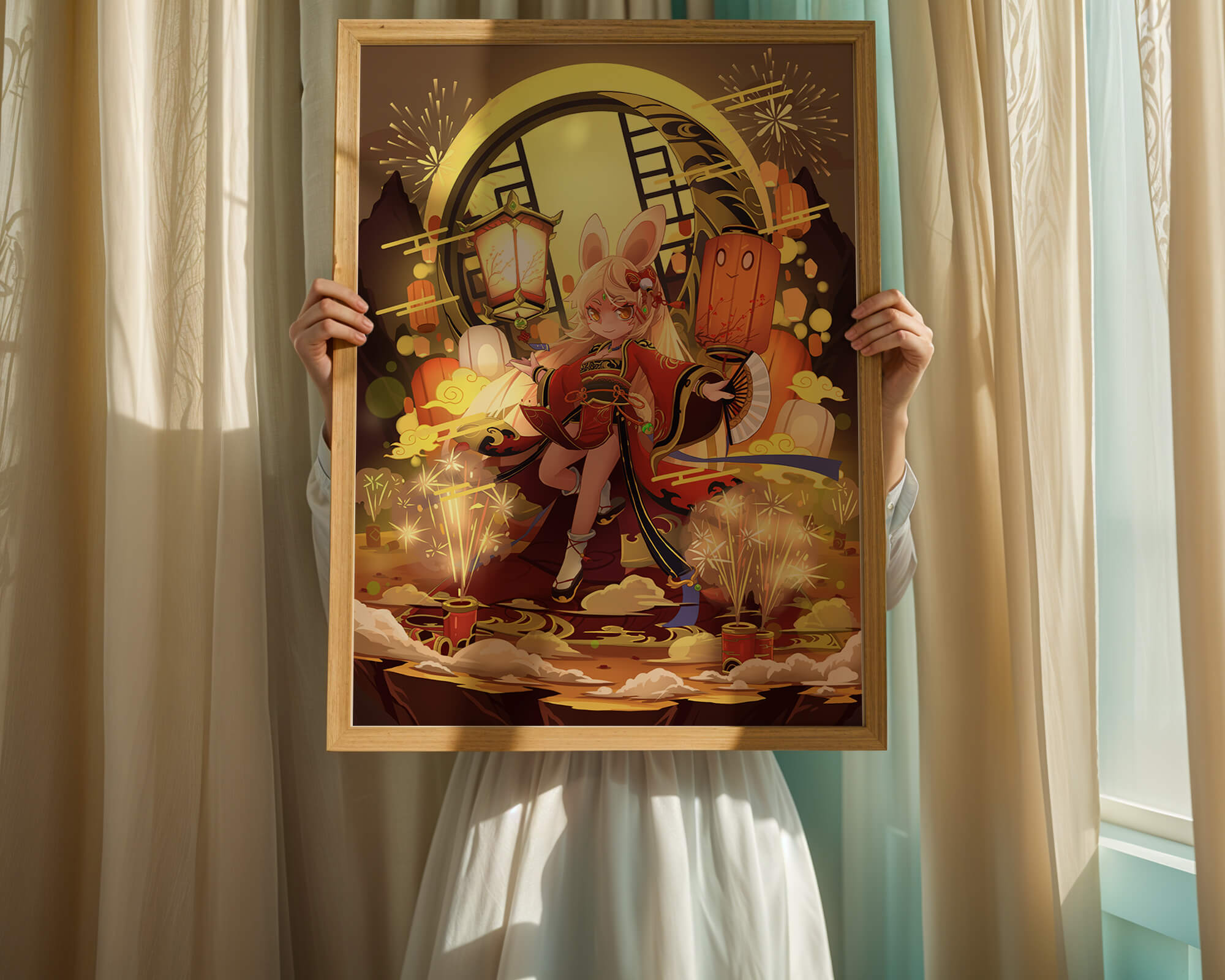 Festive celebration with a lantern-carrying character amidst fireworks and moonlight