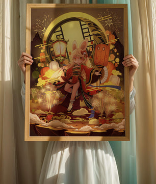 Festive celebration with a lantern-carrying character amidst fireworks and moonlight