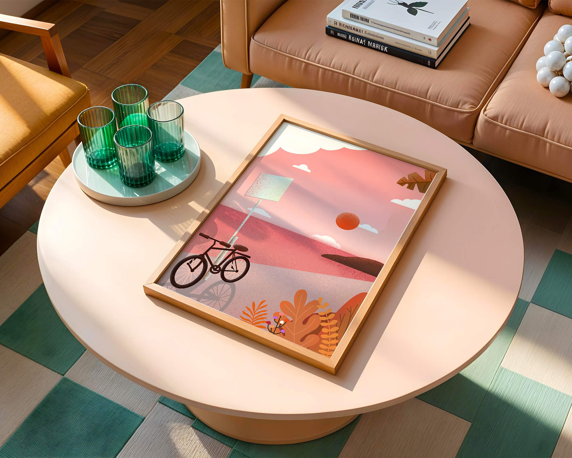 Serene sunset with bicycle by the sea in pastel colors