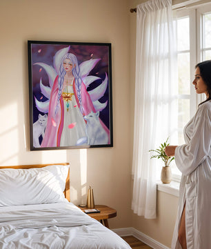 Fantasy art of ethereal figure with foxes and petals