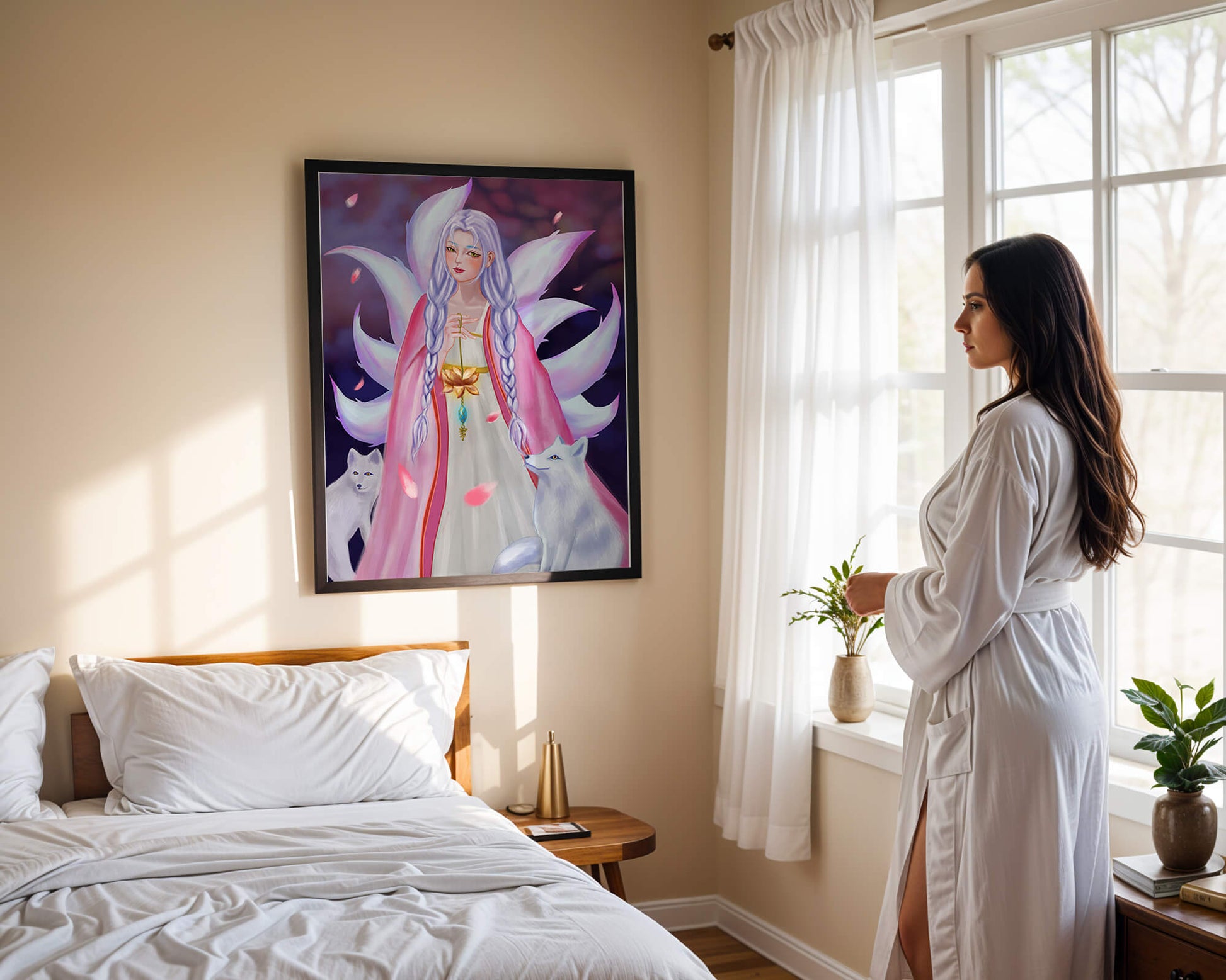 Fantasy art of ethereal figure with foxes and petals