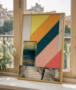 Abstract geometric art with textured colors and gold accents - Mi tienda