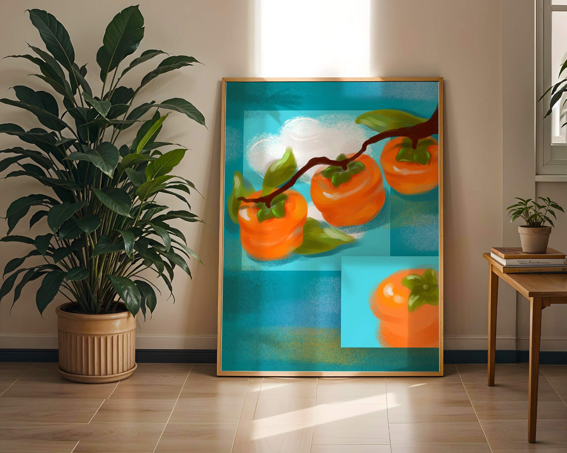 Vibrant persimmons on a branch with a blue background